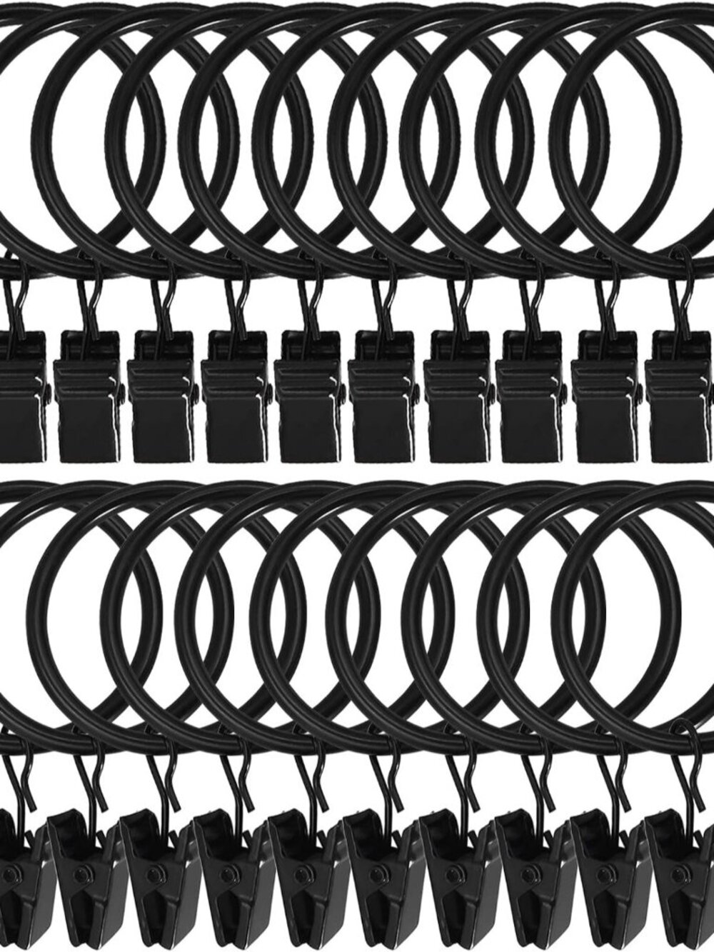 Curtain Rings with Clips, 1.5 inch ID, 20 Pack, Black